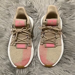 Tan & hot pink adidas sneakers
